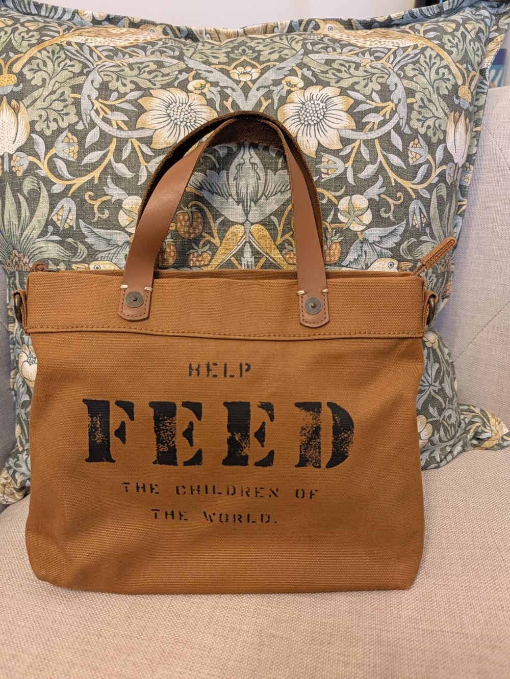 FEED Canvas Tote Bag in Brown Canvas with Leather Handles